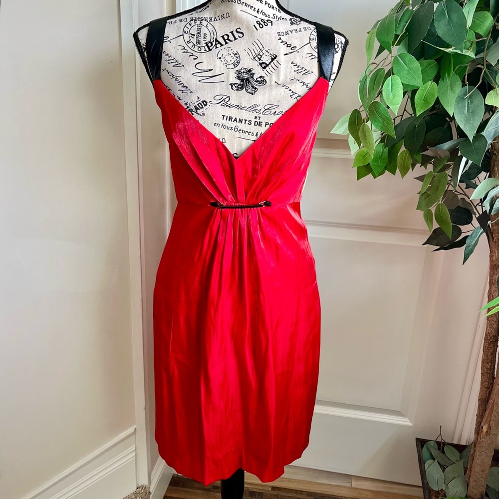 Sean John Faux Leather Straps Shimmer Empire Waist Cocktail Dress Red Sz 12